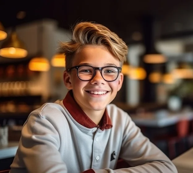 Jeune garçon blond souriant avec des lunettes, polo blanc et col marron à Montigny-le-Bretonneux dans les Yvelines 78