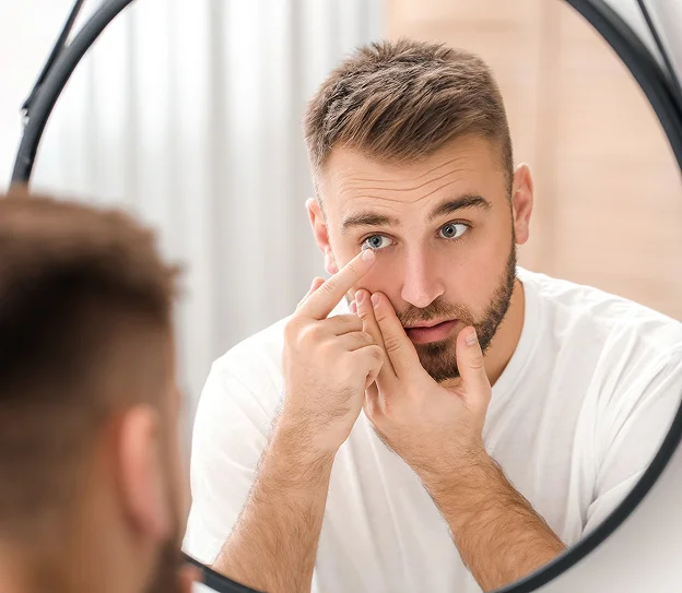 Homme barbu mettant une lentille de contact devant un miroir à Montigny-le-Bretonneux dans les Yvelines 78