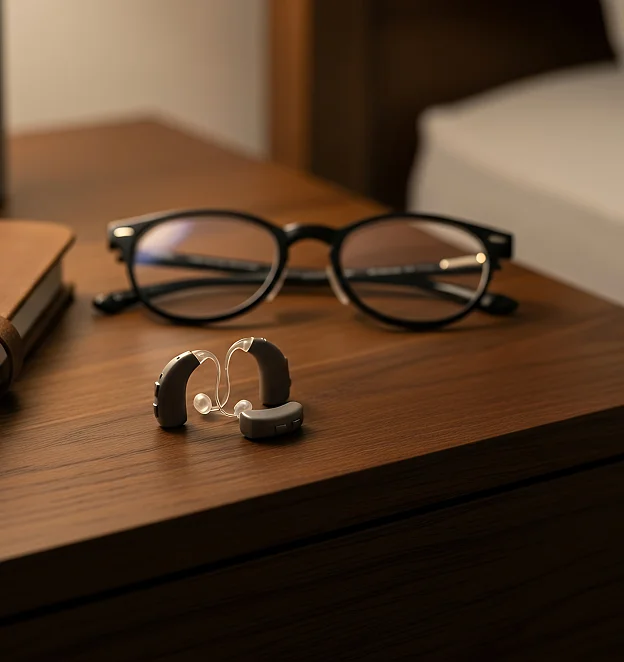 Des lunettes et des appareils auditifs sur une table de chevet en bois à Montigny-le-Bretonneux dans les Yvelines 78